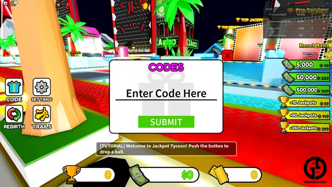 The interface for redeeming Jackpot Tycoon codes.