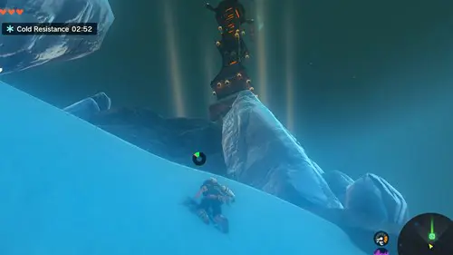 Link climbing up a snowy mountain to the Mount Lanayru Skyview Tower