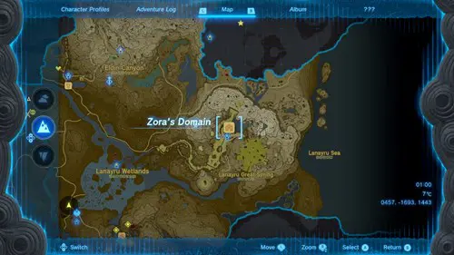 Screenshot of the Zora's Domain map location in Zelda: Tears of the Kingdom