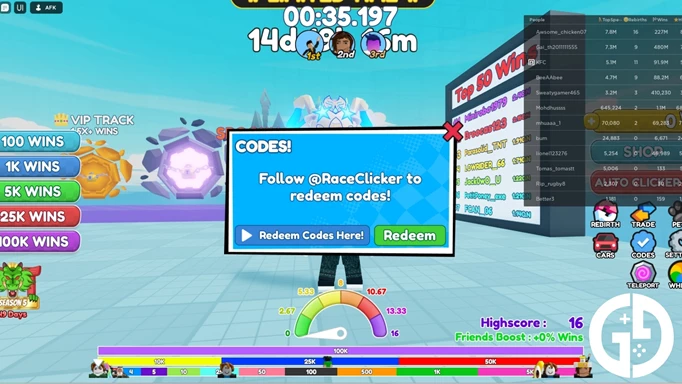 The menu to redeem Race Clicker codes in the game on Roblox