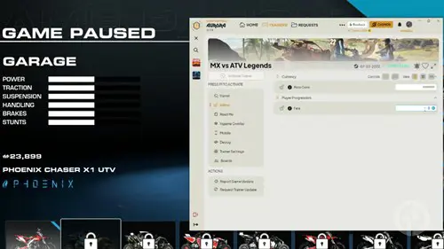 Cheat trainer used to redeem MX Vs ATV Legends cheat codes on PC
