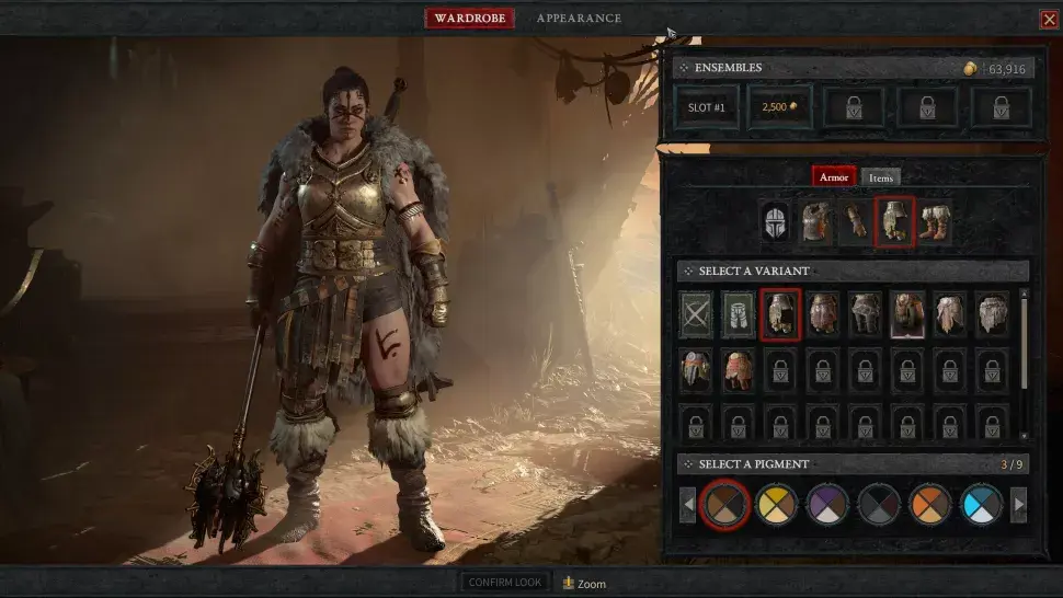 The armour transmog screen in Diablo 4 at a wardrobe