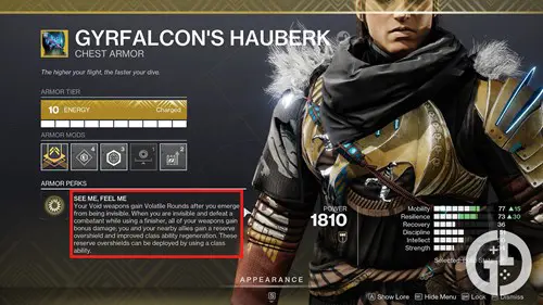 The Gyrfalcon's Hauberk exotic armour with the effect highlighted