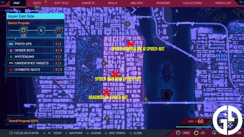 The Upper East Side map of Spider-Bot locations in Spider-Man 2