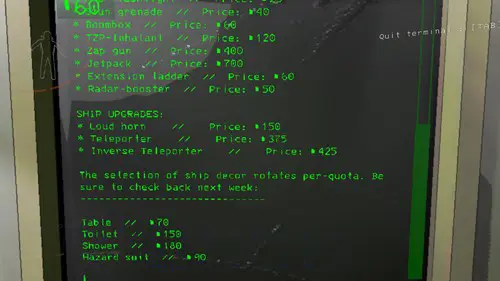Ship upgrades in the ship store in Lethal Company