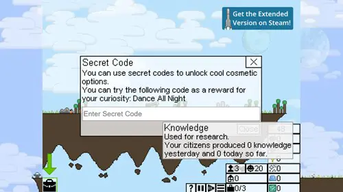 The secret codes menu in Final Earth 2