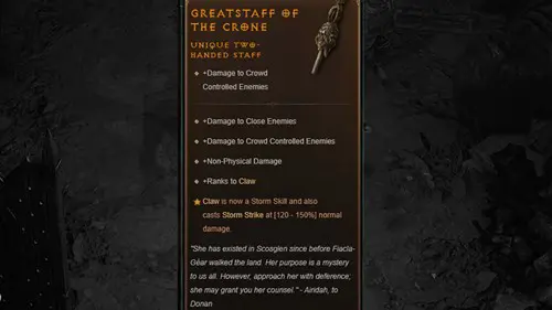 The item description for the Greatstaff of the Crone in Diablo 4