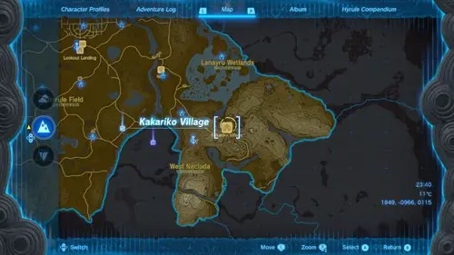 Image shows a map in Zelda: Tears of the Kingdom showing the location of Kakariko Village