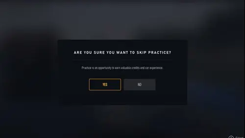 The confirmation screen for skipping practice in Forza Motorsport