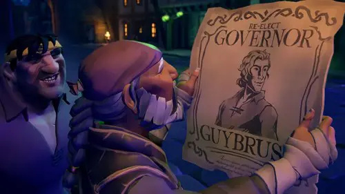 Sea of Thieves screenshot showing pirates reading a poster