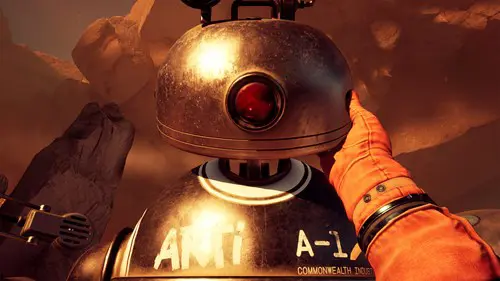 Character interacting with a robot in The Invincible