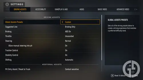 The driving assist menu in Forza Motorsport