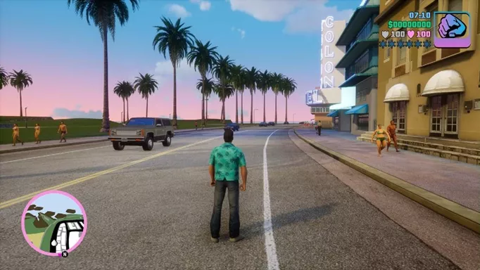 A beachfront street in GTA Vice City.