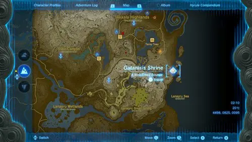 Gatanisis shrine map location in Zelda Tears of the Kingdom