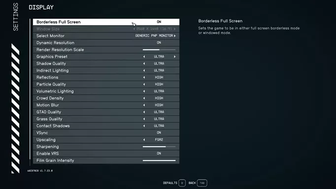 The graphics menu for Starfield on PC