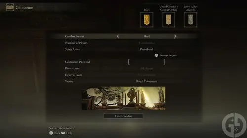 The menu to set combat parameters in Elden Ring's colosseum
