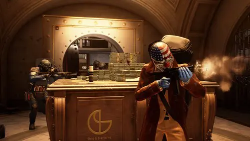 Characters in PAYDAY 3 robbing a bank