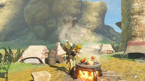 Link uses a fire and cooking pot to make a tasty dish in The Legend of Zelda: Tears of the Kingdom