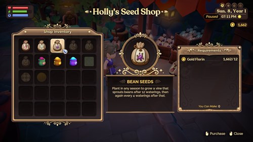 In-game screenshot of Bean Seeds in Fae Farm, the most profitable crop to grow