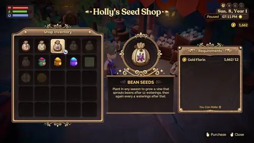 In-game screenshot of Bean Seeds in Fae Farm, the most profitable crop to grow