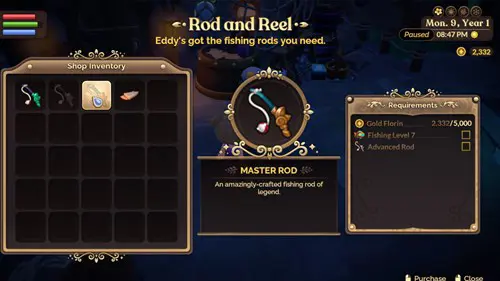 Screenshot showing fishing rod upgrades in Fae Farm