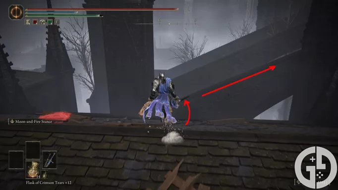 Image showing where to jump to get on top of the roof in the Shadow Keep Church District in Elden Ring Shadow of the Erdtree