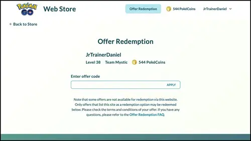 Redeeming a promo code in Pokemon GO