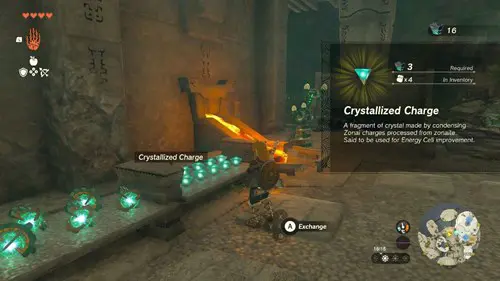 A Link looks at a description of the Crystallized Charge in a forge in The Legend of Zelda: Tears of the Kingdom