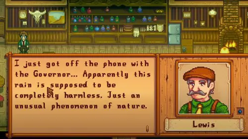 Talking to Lewis about green rain in Stardew Valley