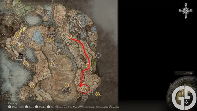 Map showing the route to Dragon's Pit in Elden Ring Shadow of the Erdtree