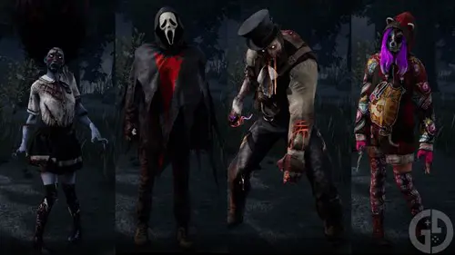 An assortment of Killers in Dead by Daylight. From left: The Spirit, The Ghost Face, The Bliight and The Legion