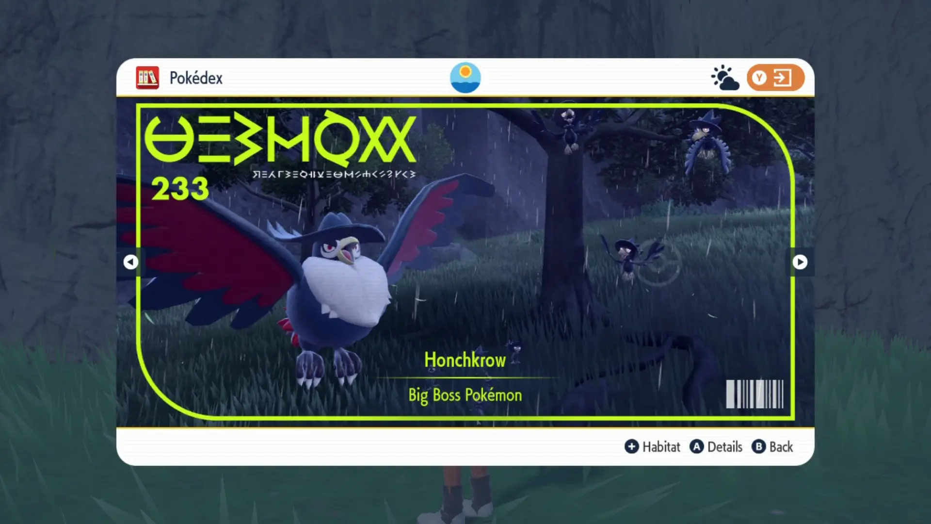 Pokedex screenshot of Honchkrow in Scarlet & Violet