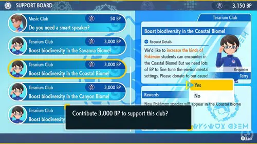 Donating BP to the Terarium Club to unlock starter Pokemon