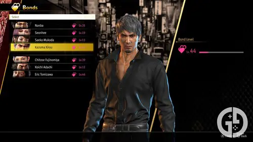 Kiryu on the Bonds menu in Like a Dragon: Infinite Wealth