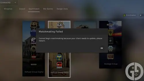 Image of the matchmaking failed message in CS:GO