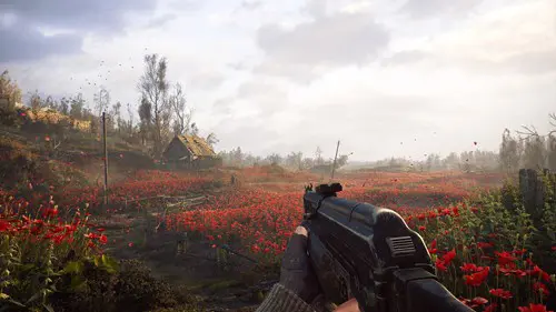 Key art of a field full of red flowers in STALKER 2