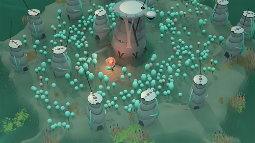 The protagonist of COCOON exploring a beautiful alien garden.