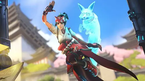 Overwatch's Kiriko bounding into action.