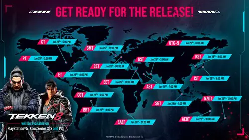 A map of the world showing Tekken 8's release time in each region