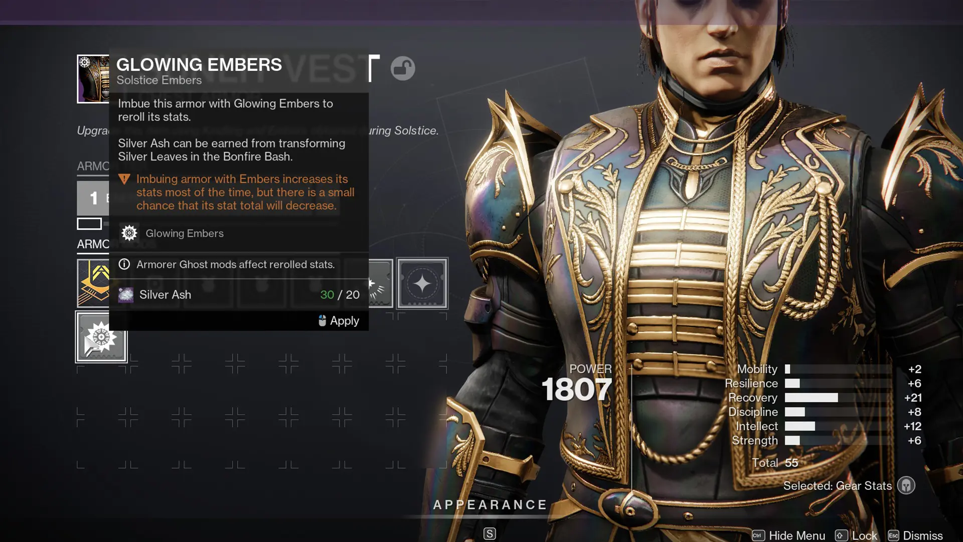 Upgrading Solstice armour with Silver Leaves in Destiny 2