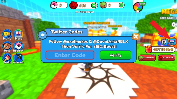 Screenshot showing you how to redeem Block Mine Simulator codes