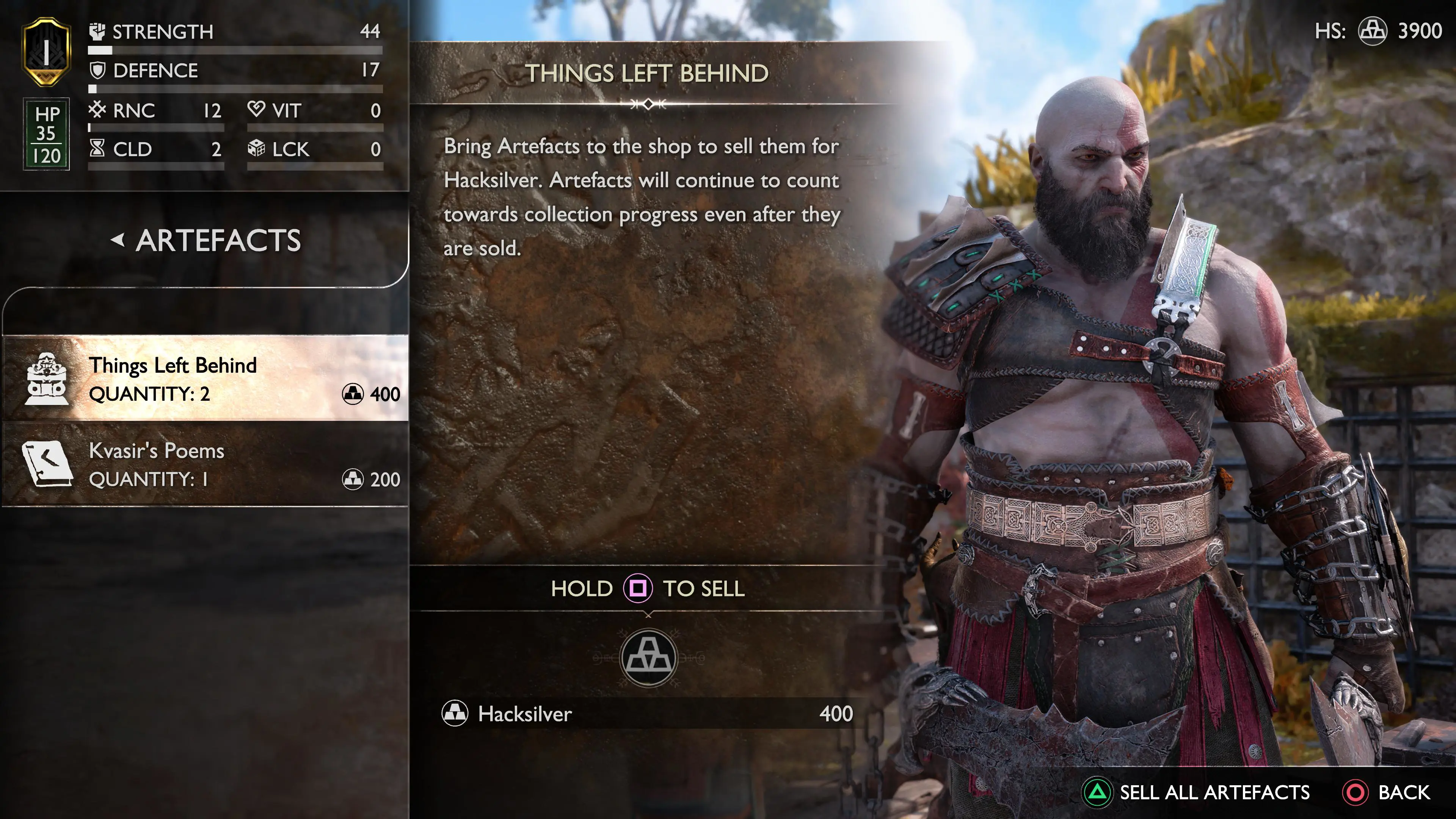 Screenshot showing sold artifacts in God of War Ragnarok