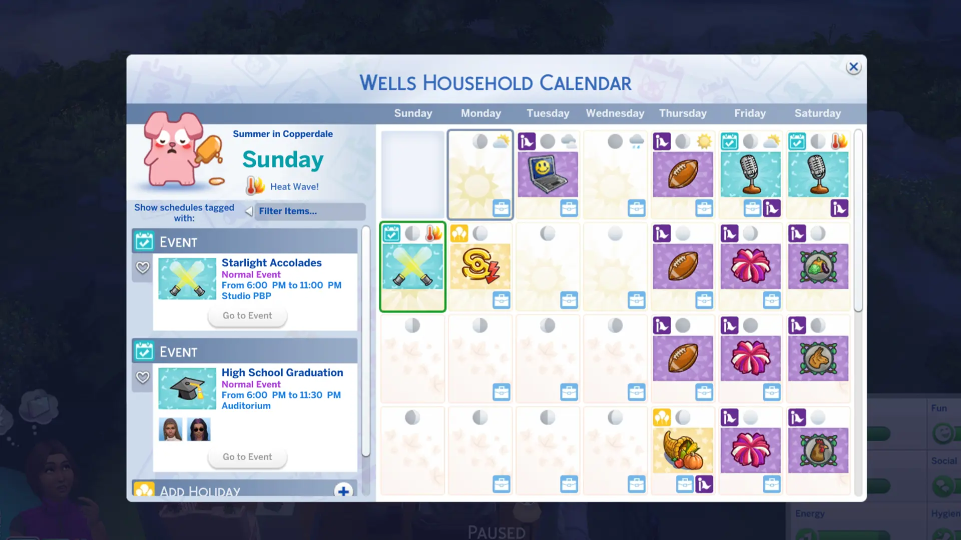 The Sims 4 calendar