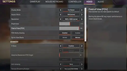 The FOV settings for Apex Legends