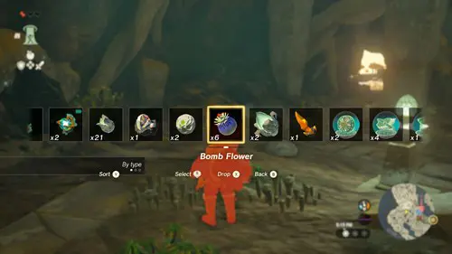 Link selecting a Bomb Flower in Zelda: Tears of the Kingdom