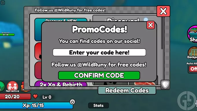 The code redemption screen in Animal Evolution Simulator for Roblox