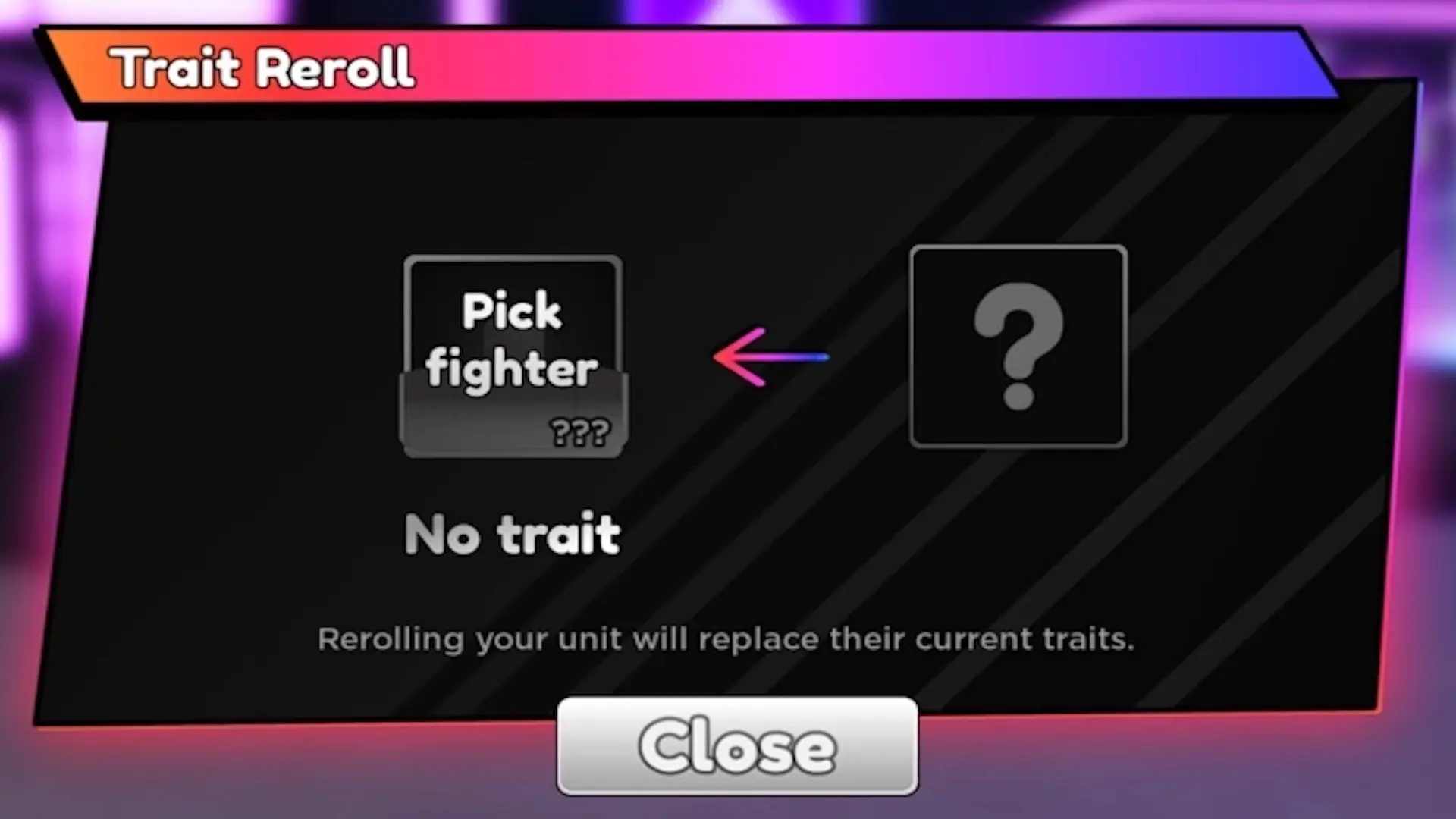 Trait reroll menu in Anime Adventures