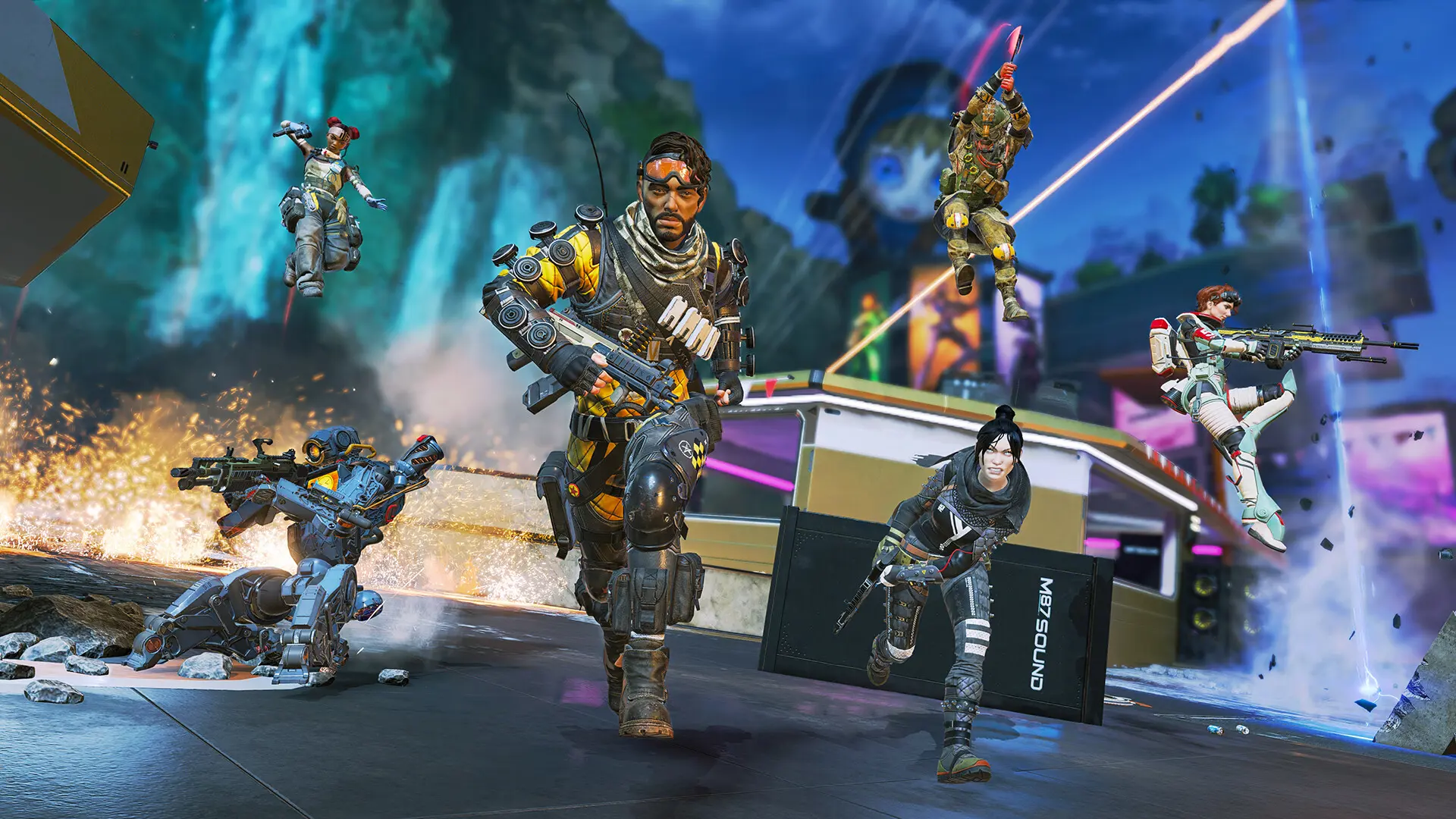 Key art of Lifeline, Pathfinder, Mirage, Wraith, Bloodhound, and Horizon in Apex Legends