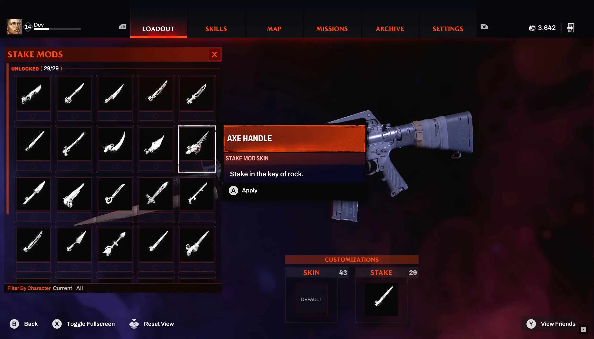 an image of the Redfall Stake Mods menu, where you can change Stake skins