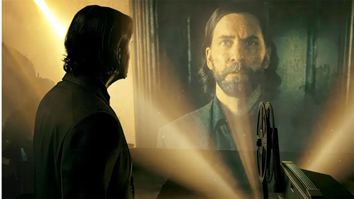 Alan Wake staring at a projection of himself in Alan Wake 2